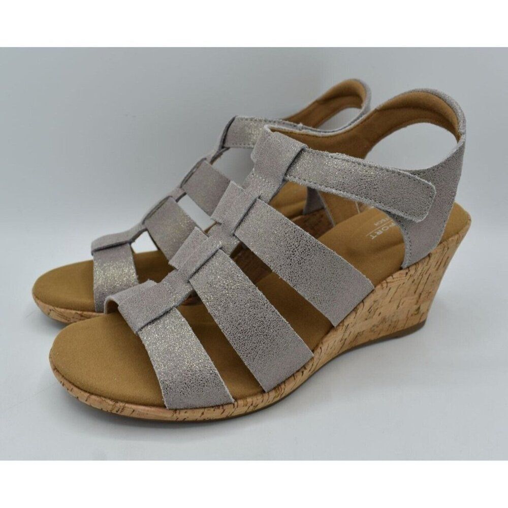 Rockport Women Size 9 Briah New Gladiator Metallic Leather Wedge Sandals Shoes